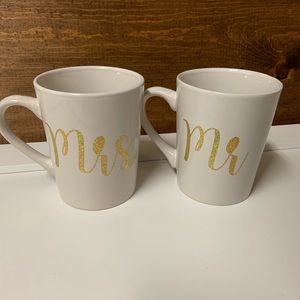 White coffee mugs with gold holographic Mr and Mrs